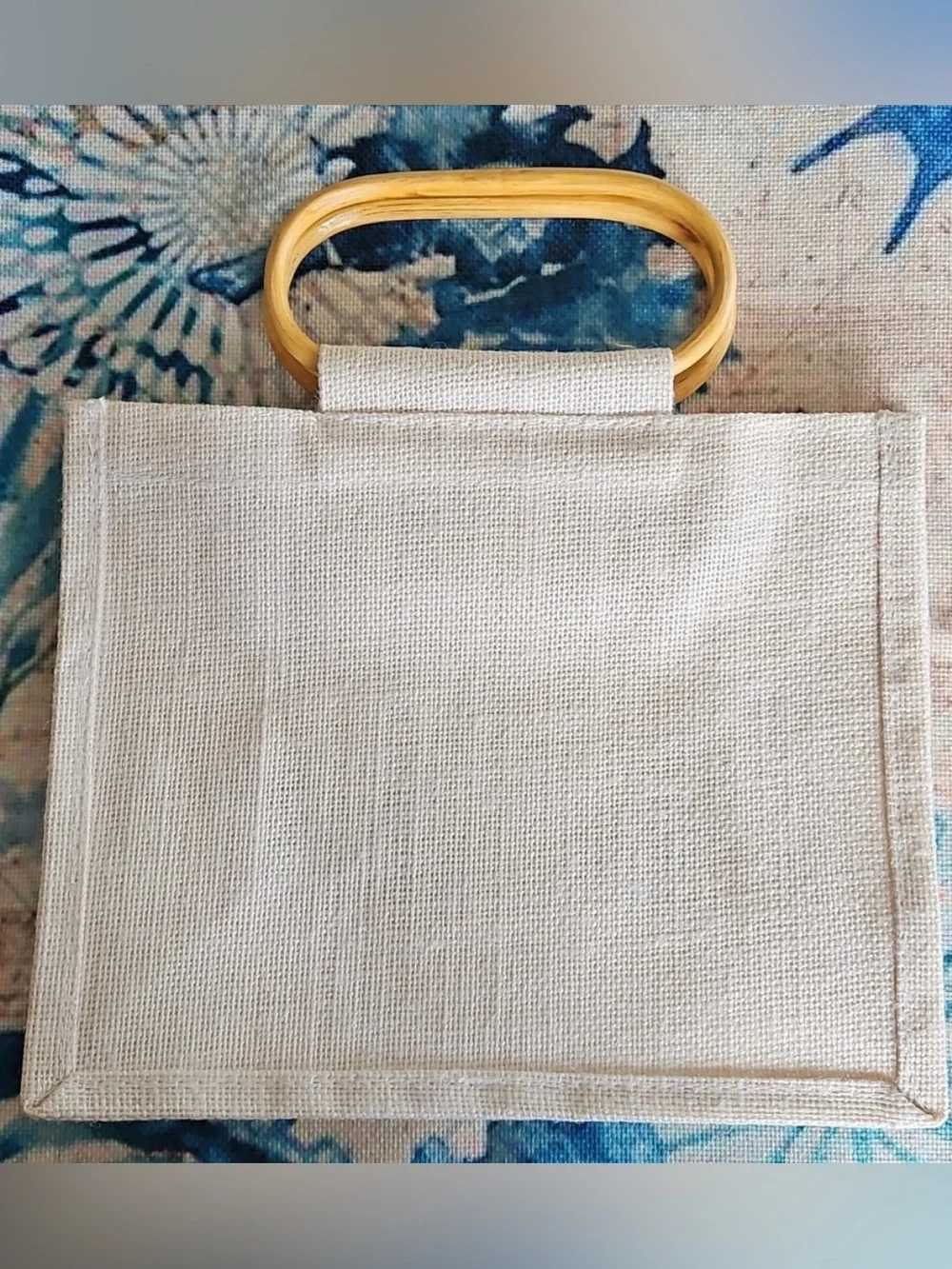 The Breakers Palm Beach Canvas/Jute Tote with Turquoise Logo and Bamboo Handles